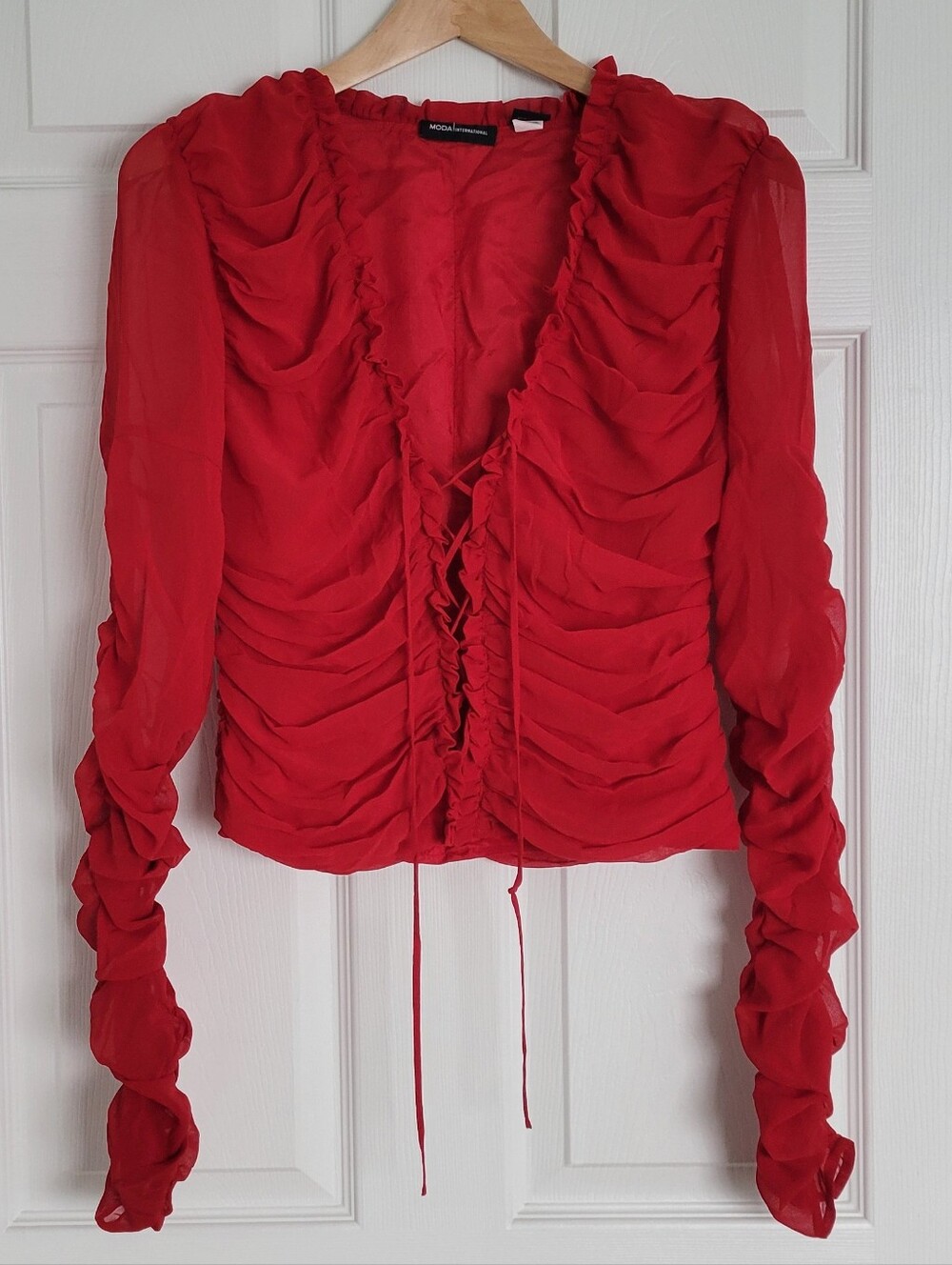 Victoria's Secret Moda International 2000s Red Ruched Lace Up Corset Blouse